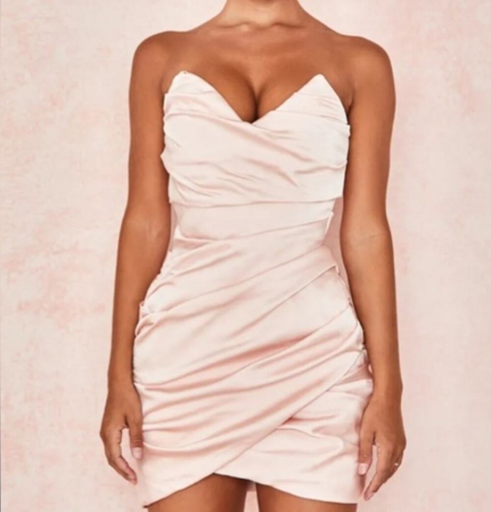 House Of CB Emanuela Blush Pink Strapless Ruched Bodycon Mini Short Dress SMALL